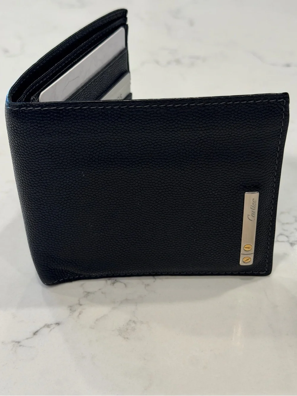 Vintage Santos de Cartier Black Grained Leather Bifold Wallet Luxury